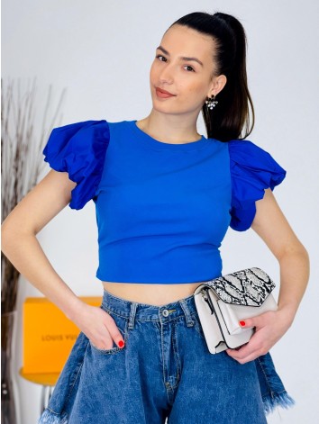 Dámský královský modrý crop top s balonovými rukávy a holými zády