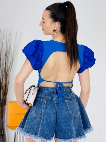 Dámský královský modrý crop top s balonovými rukávy a holými zády