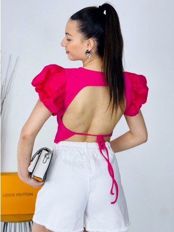 Dámský fuksiový crop top s balonovými rukávy a holými zády