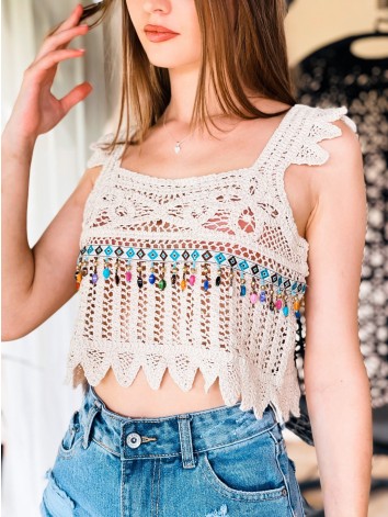 Dámský krátký béžový háčkovaný crop top