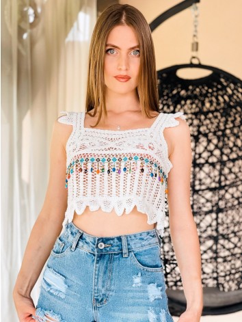 Dámský krátký bílý háčkovaný crop top