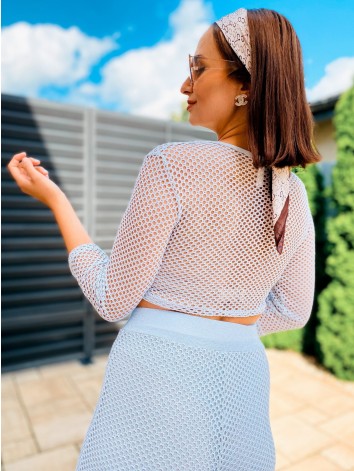 Dámský háčkovaný komplet crop top + kalhoty - bílý