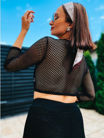 Dámský háčkovaný komplet crop top + kalhoty - černý